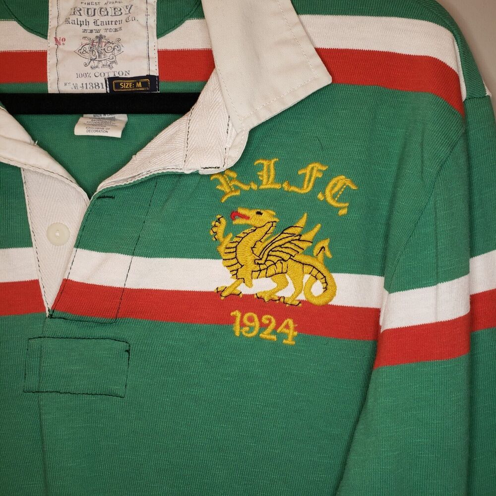 Ralph Lauren Rugby Y2K WELSH DRAGON Shirt Men M Stripe Logo Green White Red - Picture 4 of 6